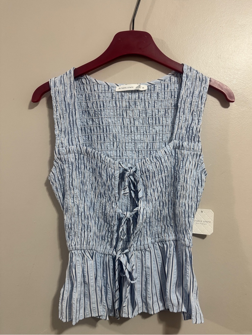NWT Altar’d State Blue Smocked Tie Front Peplum Tank Top Cottagecore Coquette M